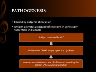 PATHOGENESIS
• Caused by antgenic stimulation
• Antigen activates a cascade of reactions in genetically
susceptible individuals
Antigen presented by APC
Activation of CD4+T lymphocytes and cytokines
compartmentalisation at site of inflammation sealing the
antigen L/T granuloma formation
 