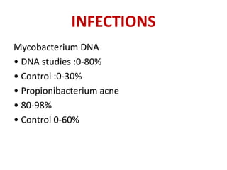 INFECTIONS
Mycobacterium DNA
• DNA studies :0-80%
• Control :0-30%
• Propionibacterium acne
• 80-98%
• Control 0-60%
 