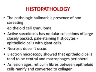 HISTOPATHOLOGY
• The pathologic hallmark is presence of non
caseating
epitheloid cell granuloma.
• Active sarcoidosis has nodular collections of large
closely packed, pale-staining histiocytes -
epithelioid cells with giant cells.
• Necrosis doesn’t occur.
• Electron microscopy showed that epitheloid cells
tend to be central and macrophages peripheral.
• As lesion ages, reticulin fibres between epitheloid
cells ramify and converted to collagen.
 