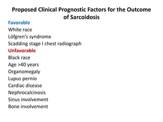 Proposed Clinical Prognostic Factors for the Outcome
of Sarcoidosis
Favorable
White race
Löfgren's syndrome
Scadding stage I chest radiograph
Unfavorable
Black race
Age >40 years
Organomegaly
Lupus pernio
Cardiac disease
Nephrocalcinosis
Sinus involvement
Bone involvement
 