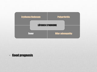 Erythema Nodosum Polyarthritis
Fever Hilar adenopathy
LÖFGREN SYNDROME
• Good prognosis
 
