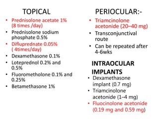 TOPICAL
• Prednisolone acetate 1%
(8 times /day)
• Prednisolone sodium
phosphate 0.5%
• Difluprednate 0.05%
( 4times/day)
• Dexamethasone 0.1%
• Loteprednol 0.2% and
0.5%
• Fluorometholone 0.1% and
0.25%
• Betamethasone 1%
PERIOCULAR:-
• Triamcinolone
acetonide (20–40 mg)
• Transconjunctival
route
• Can be repeated after
4-6wks
INTRAOCULAR
IMPLANTS
• Dexamethasone
implant (0.7 mg)
• Triamcinolone
acetonide (1–4 mg)
• Fluocinolone acetonide
(0.19 mg and 0.59 mg)
 