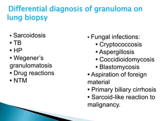 Differential diagnosis of granuloma on
lung biopsy
• Fungal infections:
• Cryptococcosis
• Aspergillosis
• Coccidioidomycosis
• Blastomycosis
• Aspiration of foreign
material
• Primary biliary cirrhosis
• Sarcoid-like reaction to
malignancy.
• Sarcoidosis
• TB
• HP
• Wegener’s
granulomatosis
• Drug reactions
• NTM
 