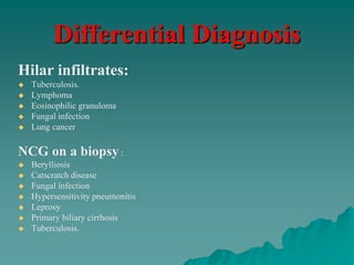 Differential Diagnosis
Hilar infiltrates:
 Tuberculosis.
 Lymphoma
 Eosinophilic granuloma
 Fungal infection
 Lung cancer
NCG on a biopsy :
 Berylliosis
 Catscratch disease
 Fungal infection
 Hypersensitivity pneumonitis
 Leprosy
 Primary biliary cirrhosis
 Tuberculosis.
 