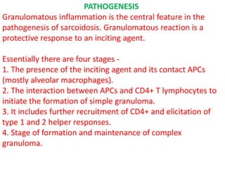 PATHOGENESIS
Granulomatous inflammation is the central feature in the
pathogenesis of sarcoidosis. Granulomatous reaction is a
protective response to an inciting agent.
Essentially there are four stages -
1. The presence of the inciting agent and its contact APCs
(mostly alveolar macrophages).
2. The interaction between APCs and CD4+ T lymphocytes to
initiate the formation of simple granuloma.
3. It includes further recruitment of CD4+ and elicitation of
type 1 and 2 helper responses.
4. Stage of formation and maintenance of complex
granuloma.
 