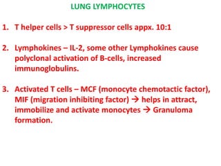 LUNG LYMPHOCYTES
1. T helper cells > T suppressor cells appx. 10:1
2. Lymphokines – IL-2, some other Lymphokines cause
polyclonal activation of B-cells, increased
immunoglobulins.
3. Activated T cells – MCF (monocyte chemotactic factor),
MIF (migration inhibiting factor)  helps in attract,
immobilize and activate monocytes  Granuloma
formation.
 