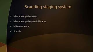 1. hilar adenopathy alone
2. hilar adenopathy plus infiltrates;
3. infiltrates alone;
4. fibrosis
 
