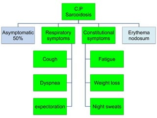 C.P
Sarcoidosis
Asymptomatic
50%
Respiratory
symptoms
Cough
Dyspnea
expectoration
Constitutional
symptoms
Fatigue
Weight loss
Night sweats
Erythema
nodosum
 