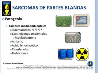Patogenia
 Factores medioambientales
Traumatismos ???????
Carcinógenos ambientales
Metilcolantreno
Amianto
Acido fenociacético
Clorofenoles
Radiaciones
Wolf RF, Ng B, Wueksler B, et al. Effect of growth hormone on tumor and host in an animal model. Ann Surg Oncol 1994; 1:314.
Bass P, van ´t Hullenaar N, et al. Occupational asbestos exposure: How to dial with suspected mesothelioma cases . Ann Oncol 2006; 17:848
Tessari R, Canova C, et al. Environmental polution from dioxins and soft tissue sarcomas in the polution of Venice and Mestre. Epidemiol Prep 2006; 30:191
SARCOMAS DE PARTES BLANDAS
Dr. Romeo Tecualt Gómez
 