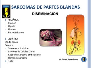 SARCOMAS DE PARTES BLANDAS
 HEMÁTICA
• Pulmón
• Hígado
• Huesos
• Retroperitoneo
 LINFÁTICA
5% de Todos
Excepto:
• Sarcoma epitelioide
• Sarcoma de Células Claras
• Rabdomiosarcoma Embrionario
• Hemangiosarcoma
 (15%)
DISEMINACIÓN
Dr. Romeo Tecualt Gómez
 