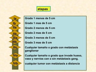 etapas Ia IIb IIa IIIa IIIc IIIb IVa Ib IVb Grado 1 menos de 5 cm Grado 1 mas de 5 cm Grado 2 menos de 5 cm Grado 2 mas de 5 cm Grado 3 menos de 5 cm Grado 3 mas de 5 cm Cualquier tamaño o grado con metástasis ganglionar Cualquier tamaño o grado que invade hueso, vaso y nervios con o sin metástasis gang. cualquier tumor con metástasis a distancia 