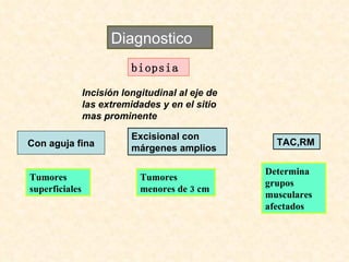 Diagnostico biopsia Incisión longitudinal al eje de las extremidades y en el sitio mas prominente Con aguja fina Tumores superficiales Excisional con márgenes amplios Tumores menores de 3 cm TAC,RM Determina grupos musculares afectados 