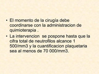 El momento de la cirugía debe coordinarse con la administracion de quimioterapia .  La intervencion  se pospone hasta que la cifra total de neutrofilos alcance 1 500/mm3 y la cuantificacion plaquetaria sea al menos de 70 000/mm3. 