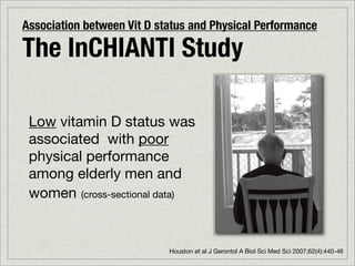 Association between Vit D status and Physical Performance

The InCHIANTI Study

 Low vitamin D status was
 associated with poor
 physical performance
 among elderly men and
 women (cross-sectional data)


                            Houston et al J Gerontol A Biol Sci Med Sci 2007;62(4):440-46
 