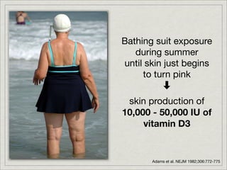 Bathing suit exposure
   during summer
until skin just begins
     to turn pink

 skin production of
10,000 - 50,000 IU of
     vitamin D3


       Adams et al. NEJM 1982;306:772-775
 