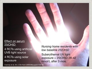 Effect on serum
25(OH)D
                                                  Nursing home residents with
4 RCTs using artiﬁcial                            low baseline 25(OH)D
UVB light source
                                                  Suberythemal UV light
4 RCTs using solar                                exposure = 25(OH)D 28-42
exposure                                          nmol/L after 3 mos.
Cranney et al, Am J Clin Nutri 2008;88(suppl):513S-9S
 