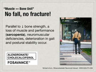 “Muscle   Bone Unit”
No fall, no fracture!
 Parallel to ↓ bone strength, a
 loss of muscle and performance
 (sarcopenia), neuromuscular
 deﬁciencies, deterioration in gait
 and postural stability occur.


  ALENDRONATE/
  CHOLECALCIFEROL
  FOSAVANCE™
                          Schact et al, J Musculoskelet Neuronal Interact 2005;5(3):273-284
 