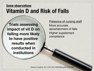 Some observations
Vitamin D and Risk of Falls
                                      Presence of nursing staff
 Trials assessing                     More accurate
impact of vit D on                    ascertainment of falls
falling more likely                   Higher supplement
                                      compliance
 to have positive
   results when
   conducted in
    institutions


                Dawson-Hughes, Am J Clin Nutr 2008;88(suppl):573S-40S
 