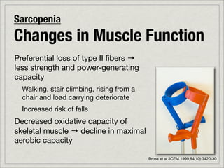 Sarcopenia
Changes in Muscle Function
Preferential loss of type II ﬁbers →
less strength and power-generating
capacity
  Walking, stair climbing, rising from a
  chair and load carrying deteriorate
  Increased risk of falls
Decreased oxidative capacity of
skeletal muscle → decline in maximal
aerobic capacity

                                           Bross et al JCEM 1999;84(10):3420-30
 