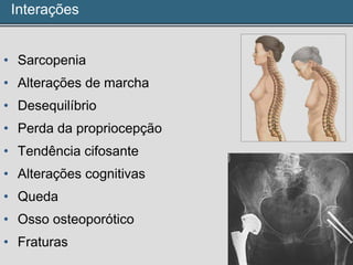 Interações
• Sarcopenia
• Alterações de marcha
• Desequilíbrio
• Perda da propriocepção
• Tendência cifosante
• Alterações cognitivas
• Queda
• Osso osteoporótico
• Fraturas
 