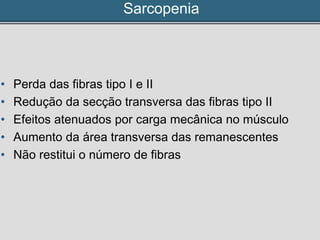 Sarcopenia
• Perda das fibras tipo I e II
• Redução da secção transversa das fibras tipo II
• Efeitos atenuados por carga mecânica no músculo
• Aumento da área transversa das remanescentes
• Não restitui o número de fibras
 