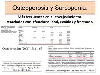 Osteoporosis y Sarcopenia.
Más frecuentes en el envejecimiento.
Asociados con <funcionalidad, >caídas y fracturas.
Bijlsma AY, Meskers CG, Westendorp RG, Maier
AB. Chronology of age-related disease definitions:
osteoporosis and sarcopenia. Ageing Res Rev.
2012 Apr;11(2):320-4.
 