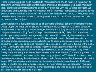 Existe un buen registro de la pérdida de masa muscular con la edad. La excreción de
creatinina urinaria, reflejo del contenido de creatinina del músculo y la masa muscular
total, disminuye aproximadamente en un 50% entre los 20 y los 90 años de edad. La
tomografía computarizada de los músculos de un individuo muestra que después de los
30 años se da una disminución en las áreas transversales del muslo, un descenso en la
densidad muscular y un aumento en la grasa intramuscular. Estos cambios son más
evidentes en las mujeres.
La reducción en la fuerza muscular es el elemento principal del envejecimiento normal.
Datos proporcionados por el estudio Framingham indican que el 40% de la población
femenina de entre los 55 y los 64 años, el 45% de entre 65 y 74 años, y el 65% de las
comprendidas entre 75 y 84 años no pudieron levantar 4.5kg. Además, de manera
similar, porcentajes altos de mujeres en esta población no consiguieron realizar ciertas
labores del trabajo doméstico normal. Se ha señalado que la fuerza isométrica y
dinámica de los cuadriceps aumenta hasta los 30 años y disminuye después de los 50
años. Por lo general, se da una reducción aproximada del 30% en la fuerza entre los 50
y los 70 años, pérdida que se agudiza luego de alcanzada esta edad. En un grupo de
hombres y mujeres sanos de 80 años que se estudió en el Copenhagen City Heart
Study, se encontró que la fuerza en el extensor de la rodilla era 30% menor que en una
población estudiada previamente de hombres y mujeres de 70 años. Por lo tanto, los
datos transversales y longitudinales indican que la fuerza muscular disminuye alrededor
de un 15% por decenio en la sexta y en la séptima década y alrededor del 30% más
tarde. De todas maneras y aunque existen ciertos indicios de que la función muscular
disminuye con el envejecimiento, la mayor pérdida de fuerza se debe a la disminución
del tejido muscular asociado a la edad.
 