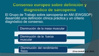 El Grupo de Trabajo sobre sarcopenia en AM (EWGSOP)
desarrolló una definición clínica práctica y un criterio
diagnóstico de consenso.
(Cruz-Jentoft et al. 2010)
 