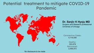 Potential treatment to mitigate COVID-19
Pandemic
Dr. Sanjiv K Hyoju MD
Surgeon and Research professional
University of Chicago
Coronavirus Cases:
5,719,556
Deaths:
353,079
Recovered:
2,456,573
No disclosure to be made
 