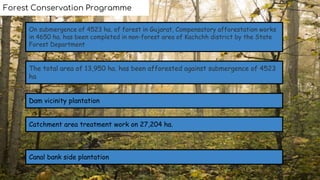On submergence of 4523 ha. of forest in Gujarat, Compensatory afforestation works
in 4650 ha. has been completed in non-forest area of Kachchh district by the State
Forest Department
The total area of 13,950 ha. has been afforested against submergence of 4523
ha
Forest Conservation Programme
Dam vicinity plantation
Catchment area treatment work on 27,204 ha.
Canal bank side plantation
 