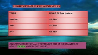 YEARS HEIGHT OF DAM (meters)
2000-2001 110.64 m
2006 121.92 m
2017 138.98 m
HEIGHT OF DAM IN CHANGING YEARS
ON SEPTEMBER 15,2019 and 17 SEPTEMBER 2020 IT IS ESTIMATED OF
ABOUT 138.68 m WATER LEVEL IN SSD
 
