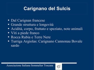 Carignano del Sulcis Dal Carignan francese Grande struttura e longevità Acidità, corpo, fruttato e speziato, note animali Viti a piede franco Rocca Rubia e Terre Nere Turriga Argiolas: Carignano Cannonau Bovale sardo 