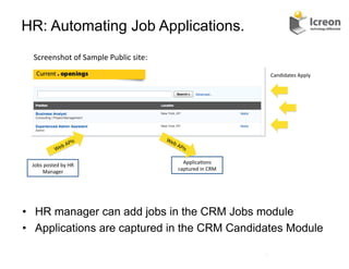 HR: Automating Job Applications.
  Screenshot	
  of	
  Sample	
  Public	
  site:	
  

                                                                                       Candidates	
  Apply	
  




             CRM	
  

 Jobs	
  posted	
  by	
  HR	
                           Applica/ons	
  
       Manager	
                                      captured	
  in	
  CRM	
  




•  HR manager can add jobs in the CRM Jobs module
•  Applications are captured in the CRM Candidates Module

                                                                                  28	
  
 