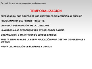Se hará de una forma progresiva, en base a una  TEMPORALIZACIÓN PREPARACIÓN POR GRUPOS DE LOS MATERIALES SIN ATENCIÓN AL PÚBLICO PROGRAMACIÓN DEL PRIMER TRIMESTRE LIMPIEZA Y DESAPARICIÓN  DE LA  LISTA 2008 LLAMADAS A LAS PERSONAS PARA AVISARLES DEL CAMBIO ORGANIZACIÓN E IMPARTICIÓN DE CURSOS BÁSICOS  PUESTA EN MARCHA DE LA NUEVA APLICACIÓN PARA GESTIÓN DE PERSONAS Y CURSOS NUEVA ORGANIZACIÓN DE HORARIOS Y CURSOS 