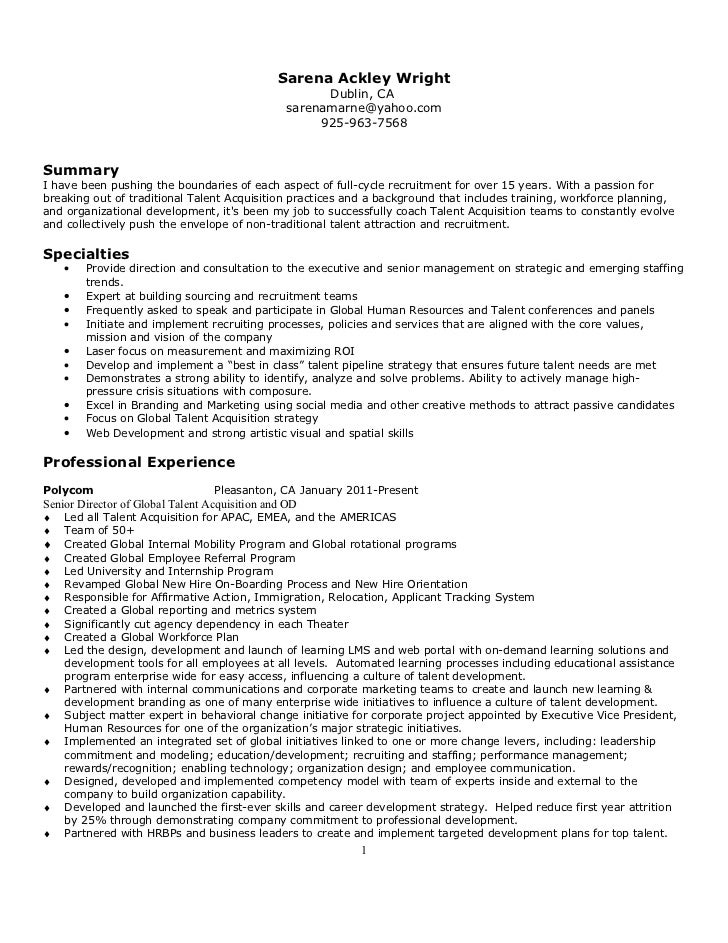sarena wright resume 2011 talent acquisition resume