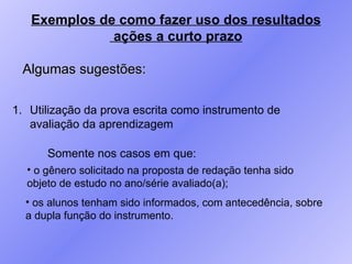 Exemplos de como fazer uso dos resultados ações a curto prazo Algumas sugestões: Utilização da prova escrita como instrumento de avaliação da aprendizagem Somente nos casos em que: o gênero solicitado na proposta de redação tenha sido objeto de estudo no ano/série avaliado(a); os alunos tenham sido informados, com antecedência, sobre a dupla função do instrumento. 