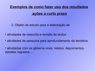 Exemplos de como fazer uso dos resultados ações a curto prazo 2. Objeto de estudo para a elaboração de atividades de reescrita e revisão de textos  atividades de pesquisa para aprofundamento da temática atividades com os gêneros orais: relatos, depoimentos, debates regrados ... 