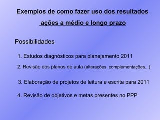 Exemplos de como fazer uso dos resultados ações a médio e longo prazo Possibilidades 1. Estudos diagnósticos para planejamento 2011 2. Revisão dos planos de aula  (alterações, complementações...)  3. Elaboração de projetos de leitura e escrita para 2011 4. Revisão de objetivos e metas presentes no PPP 