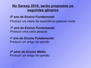 No Saresp 2010, serão propostos os seguintes gêneros 5º ano do Ensino Fundamental Produzir um relato de experiência pessoal vivida 7º ano do Ensino Fundamental Produzir uma carta pessoal 9 º ano do Ensino Fundamental Produzir um artigo de opinião 3ª série do Ensino Médio Produzir um artigo de opinião 