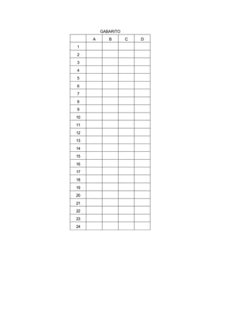 GABARITO
A B C D
1
2
3
4
5
6
7
8
9
10
11
12
13
14
15
16
17
18
19
20
21
22
23
24
 