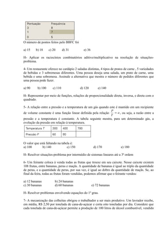 O número de pontos feitos pelo BBFC foi
a) 15 b) 18 c) 20 d) 31 e) 36
H- Aplicar os raciocínios combinatórios aditivo/multiplicativo na resolução de situações-
problema.
4- Um restaurante oferece no cardápio 2 saladas distintas, 4 tipos de pratos de carne , 5 variedades
de bebidas e 3 sobremesas diferentes. Uma pessoa deseja uma salada, um prato de carne, uma
bebida e uma sobremesa. Assinale a alternativa que mostra o número de pedidos diferentes que
uma pessoa pode fazer.
a) 90 b) 100 c) 110 d) 120 e) 140
H- Representar por meio de funções, relações de proporcionalidade direta, inversa, e direta com o
quadrado.
5- A relação entre a pressão e a temperatura de um gás quando este é mantido em um recipiente
de volume constante é uma função linear definida pela relação a
T
P
= , ou seja, a razão entre a
pressão e a temperatura é constante. A tabela seguinte mostra, para um determinado gás, a
evolução da pressão em relação à temperatura.
O valor que está faltando na tabela é:
a) 100 b) 140 c) 150 d) 170 e) 180
H- Resolver situações-problema por intermédio de sistemas lineares até a 3ª ordem
6- Um feirante coloca à venda todas as frutas que trouxe em seu caixote. Nesse caixote existem
108 frutas, entre bananas, peras e maçãs. A quantidade de bananas é igual ao triplo da quantidade
de peras, e a quantidade de peras, por sua vez, é igual ao dobro da quantidade de maçãs. Se, ao
final da feira, todas as frutas foram vendidas, podemos afirmar que o feirante vendeu:
a) 12 bananas b) 24 bananas
c) 30 bananas d) 60 bananas e) 72 bananas
H- Resolver problemas envolvendo equações do 1º grau.
7- A mecanização das colheitas obrigou o trabalhador a ser mais produtivo. Um lavrador recebe,
em média, R$ 2,50 por tonelada de cana-de-açúcar e corta oito toneladas por dia. Considere que
cada tonelada de cana-de-açúcar permite a produção de 100 litros de álcool combustível, vendido
 