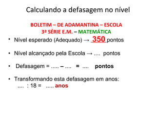 Calculando a defasagem no nível BOLETIM – DE ADAMANTINA – ESCOLA  3ª SÉRIE E.M.  –  MATEMÁTICA  Nível esperado  (Adequado)  ->  350   pontos Nível alcançado pela Escola -> ....  pontos Defasagem = .....  –  ....  =  ....  pontos Transformando esta defasagem em anos: ....  : 18 =  .....   anos 