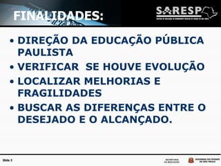 FINALIDADES:   DIREÇÃO DA EDUCAÇÃO PÚBLICA PAULISTA VERIFICAR  SE HOUVE EVOLUÇÃO LOCALIZAR MELHORIAS E FRAGILIDADES BUSCAR AS DIFERENÇAS ENTRE O DESEJADO E O ALCANÇADO. 