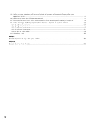 VI
1.3. – As Competências Avaliadas e os Critérios de Avaliação da Secretaria de Educação do Estado de São Paulo
para o SARESP 2012................................................................................................................................................................... .227
1.4. – Descrição dos Níveis para a Correção das Redações................................................................................................................. 232
1.5. – Classificação e Descrição dos Níveis de Desempenho e Escala de Desempenho da Redação do SARESP............................. 234
1.6. – Análise Pedagógica das Redações por Anos/Série Avaliados e Propostas de Atividades Didáticas........................................... 236
1.6.1 – 5º do Ensino Fundamental..................................................................................................................................................... 237
1.6.2 – 7º do Ensino Fundamental..................................................................................................................................................... 244
1.6.3 – 9º do Ensino Fundamental..................................................................................................................................................... 251
1.6.4 – 3ª Série do Ensino Médio....................................................................................................................................................... 258
1.7. – Comentários Finais...................................................................................................................................................................... 265
ANEXO I
Escala de Proficiência de Língua Portuguesa – Leitura........................................................................................................................... 267
ANEXO II
Escala de Desempenho de Redação...................................................................................................................................................... 289
 