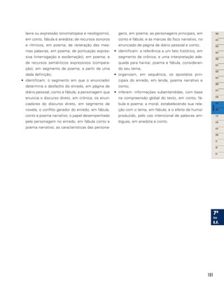 101
lavra ou expressão (onomatopeia e neologismo),
em conto, fábula e anedota; de recursos sonoros
e rítmicos, em poema; de reiteração das mes-
mas palavras, em poema; de pontuação expres-
siva (interrogação e exclamação), em poema; e
de recursos semânticos expressivos (compara-
ção), em segmento de poema, a partir de uma
dada definição;
•	 identificam: o segmento em que o enunciador
determina o desfecho do enredo, em página de
diário pessoal, conto e fábula; a personagem que
enuncia o discurso direto, em crônica; os enun-
ciadores do discurso direto, em segmento de
novela; o conflito gerador do enredo, em fábula,
conto e poema narrativo; o papel desempenhado
pela personagem no enredo, em fábula conto e
poema narrativo; as características das persona-
gens, em poema; as personagens principais, em
conto e fábula; e as marcas do foco narrativo, no
enunciado de página de diário pessoal e conto;
•	 identificam: a referência a um fato histórico, em
segmento de crônica; e uma interpretação ade-
quada para hai-kai, poema e fábula, consideran-
do seu tema;
•	 organizam, em sequência, os episódios prin-
cipais do enredo, em lenda, poema narrativo e
conto;
•	 inferem: informações subentendidas, com base
na compreensão global do texto, em conto, fá-
bula e poema; a moral, estabelecendo sua rela-
ção com o tema, em fábula; e o efeito de humor
produzido, pelo uso intencional de palavras am-
bíguas, em anedota e conto.
 