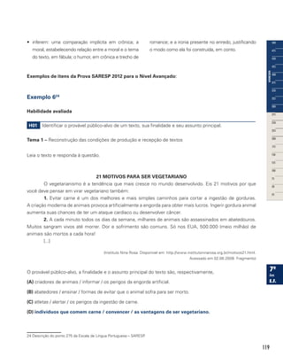 119
•	 inferem: uma comparação implícita em crônica; a
moral, estabelecendo relação entre a moral e o tema
do texto, em fábula; o humor, em crônica e trecho de
romance; e a ironia presente no enredo, justificando
o modo como ela foi construída, em conto.
Exemplos de itens da Prova SARESP 2012 para o Nível Avançado:
Exemplo 624
Habilidade avaliada
H01 Identificar o provável público-alvo de um texto, sua finalidade e seu assunto principal.
Tema 1 – Reconstrução das condições de produção e recepção de textos
Leia o texto e responda à questão.
21 MOTIVOS PARA SER VEGETARIANO
O vegetarianismo é a tendência que mais cresce no mundo desenvolvido. Eis 21 motivos por que
você deve pensar em virar vegetariano também:
1. Evitar carne é um dos melhores e mais simples caminhos para cortar a ingestão de gorduras.
A criação moderna de animais provoca artificialmente a engorda para obter mais lucros. Ingerir gordura animal
aumenta suas chances de ter um ataque cardíaco ou desenvolver câncer.
2. A cada minuto todos os dias da semana, milhares de animais são assassinados em abatedouros.
Muitos sangram vivos até morrer. Dor e sofrimento são comuns. Só nos EUA, 500.000 (meio milhão) de
animais são mortos a cada hora!
[...]
(Instituto Nina Rosa. Disponível em: http://www.institutoninarosa.org.br/motivos21.html.
Acessado em 02.08.2008. Fragmento)
O provável público-alvo, a finalidade e o assunto principal do texto são, respectivamente,
(A) criadores de animais / informar / os perigos da engorda artificial.
(B) abatedores / ensinar / formas de evitar que o animal sofra para ser morto.
(C) atletas / alertar / os perigos da ingestão de carne.
(D) indivíduos que comem carne / convencer / as vantagens de ser vegetariano.
24 Descrição do ponto 275 da Escala de Língua Portuguesa – SARESP.
 