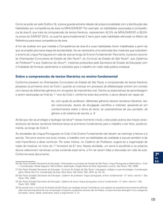125
Como se pode ver pelo Gráfico 18, a prova guarda estreita relação de proporcionalidade com a distribuição das
habilidades por competência de área na MRA/SARESP. Por exemplo, as habilidades associadas à competên-
cia de área 6, que trata da compreensão de textos literários, representam 42,5% da MRA/SARESP, e 36,5%
na prova do SARESP 2012, na qual há aproximadamente 2 itens para cada habilidade elencada na Matriz de
Referência para essa competência de área.
A fim de analisar em que medida a Competência de área 6 e suas habilidades foram trabalhadas a partir do
que se propõe para essa etapa de escolaridade, faz-se necessária uma retomada dos materiais que subsidiam
o ensino da Língua Portuguesa em sala de aula ao longo do Ensino Fundamental. Para tanto, é preciso recorrer
às Orientações Curriculares do Estado de São Paulo26
, ao Currículo do Estado de São Paulo27
, aos Cadernos
do Professor28
e aos Cadernos do Aluno29
, materiais produzidos pela Secretaria de Estado da Educação com
a finalidade de fornecer parâmetros e subsídios para o trabalho em toda rede pública estadual.
Sobre a compreensão de textos literários no ensino fundamental
Conforme preveem as Orientações Curriculares do Estado de São Paulo, a compreensão de textos literários
perpassa os primeiros anos do Ciclo I, quando as crianças em processo de alfabetização entram em contato
com textos de diferentes gêneros em situações de intercâmbio oral. Dentre as expectativas de aprendizagem
a serem alcançadas ao final do 1.º ano do Ciclo I, conforme esse documento, o alu­no deverá ser capaz de:
ler, com ajuda do professor, diferentes gêneros (textos narrativos literários, tex­
tos instrucionais, textos de divulgação científica e notícias), apoiando-se em
conhecimentos sobre o tema do texto, as características de seu portador, do
gê­nero e do sistema de escrita. p. 9
Ainda que não se privilegie a tipologia narrativa30
nesse momento inicial, a discussão acerca dos traços carac-
terísticos de textos narrativos literários lança os primeiros fundamentos para o trabalho a ser feito, posterior-
mente, ao longo do Ciclo II.
As atividades de Língua Portuguesa no Ciclo II do Ensino Fundamental não devem se restringir à leitura e à
escrita. Tal como ocorre nos anos iniciais, o trabalho com as habilidades de oralidade e escuta também é de
vital importância e deve continuar. Por esse motivo, no Caderno do Professor, sugere-se a organização de
rodas de histórias no início do 1.º bimestre do 6.º ano. Nessa atividade, um tema é escolhido e os próprios
alunos selecionam narrativas curtas contendo esse tema, a fim de serem lidas e discutidas em sala de aula.
Conforme esse documento,
26 São Paulo (Estado) Secretaria da Educação. Orientações curriculares do Estado de São Paulo: Língua Portuguesa e Matemática – Ciclo
I. Coordenação, Neide Nogueira, Telma Weisz; elaboração, Ângela Maria da Silva Figueiredo e outros. São Paulo: FDE, 2008.
27 São Paulo (Estado) Secretaria da Educação. Currículo do Estado de São Paulo: Linguagens, códigos e suas tecnologias. Coordenação
geral, Maria Inês Fini; coordenação de área, Alice Vieira. São Paulo: SEE, 2010. pp. 44, 45.
28 São Paulo (Estado) Secretaria da Educação. Caderno do professor: língua portuguesa, ensino fundamental – 5.ª série, volume 1. São
Paulo: SEE, 2009.
29 São Paulo (Estado) Secretaria da Educação. Caderno do aluno: língua portuguesa, ensino fundamental – 5.ª série, volume 1. São
Paulo: SEE, 2009.
30 De acordo com o Currículo do Estado de São Paulo, por tipologia textual “entende-se uma espécie de sequência teoricamente definida
pela natureza linguística de sua composição. Enquanto os gêneros textuais são ilimitados, os tipos textuais abrangem cinco categorias
principais: narrar, relatar, prescrever, expor e argumentar”. p. 31.
 