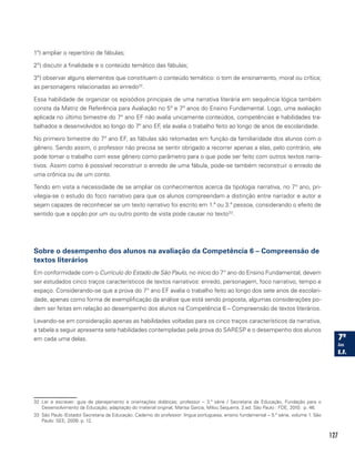 127
1º) ampliar o repertório de fábulas;
2º) discutir a finalidade e o conteúdo temático das fábulas;
3º) observar alguns elementos que constituem o conteúdo temático: o tom de ensinamento, moral ou crítica;
as personagens relacionadas ao enredo32
.
Essa habilidade de organizar os episódios principais de uma narrativa literária em sequência lógica também
consta da Matriz de Referência para Avaliação no 5º e 7º anos do Ensino Fundamental. Logo, uma avaliação
aplicada no último bimestre do 7° ano EF não avalia unicamente conteúdos, competências e habilidades tra-
balhados e desenvolvidos ao longo do 7º ano EF, ela avalia o trabalho feito ao longo de anos de escolaridade.
No primeiro bimestre do 7º ano EF, as fábulas são retomadas em função da familiaridade dos alunos com o
gênero. Sendo assim, o professor não precisa se sentir obrigado a recorrer apenas a elas, pelo contrário, ele
pode tomar o trabalho com esse gênero como parâmetro para o que pode ser feito com outros textos narra-
tivos. Assim como é possível reconstruir o enredo de uma fábula, pode-se também reconstruir o enredo de
uma crônica ou de um conto.
Tendo em vista a necessidade de se ampliar os conhecimentos acerca da tipologia narrativa, no 7° ano, pri-
vilegia-se o estudo do foco narrativo para que os alunos compreendam a distinção entre narrador e autor e
sejam capazes de reconhecer se um texto narrativo foi escrito em 1.ª ou 3.ª pessoa, considerando o efeito de
sentido que a opção por um ou outro ponto de vista pode causar no texto33
.
Sobre o desempenho dos alunos na avaliação da Competência 6 – Compreensão de
textos literários
Em conformidade com o Currículo do Estado de São Paulo, no início do 7° ano do Ensino Fundamental, devem
ser estudados cinco traços característicos de textos narrativos: enredo, personagem, foco narrativo, tempo e
espaço. Considerando-se que a prova do 7° ano EF avalia o trabalho feito ao longo dos sete anos de escolari-
dade, apenas como forma de exemplificação da análise que está sendo proposta, algumas considerações po-
dem ser feitas em relação ao desempenho dos alunos na Competência 6 – Compreensão de textos literários.
Levando-se em consideração apenas as habilidades voltadas para os cinco traços característicos da narrativa,
a tabela a seguir apresenta sete habilidades contempladas pela prova do SARESP e o desempenho dos alunos
em cada uma delas.
32 Ler e escrever: guia de planejamento e orientações didáticas; professor – 3.ª série / Secretaria da Educação, Fundação para o
Desenvolvimento da Educação; adaptação do material original, Marisa Garcia, Milou Sequerra. 2.ed. São Paulo : FDE, 2010. p. 46.
33 São Paulo (Estado) Secretaria da Educação. Caderno do professor: língua portuguesa, ensino fundamental – 5.ª série, volume 1. São
Paulo: SEE, 2009. p. 12.
 