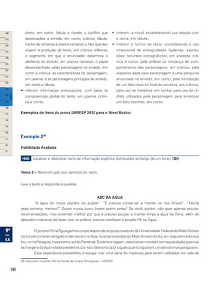 144
Exemplos de itens da prova SARESP 2012 para o Nível Básico:
Exemplo 238
Habilidade Avaliada
H06 Localizar e relacionar itens de informação explícita distribuídos ao longo de um texto. (GI)
Tema 2 – Reconstrução dos sentidos do texto.
Leia o texto e responda à questão.
ABC DA ÁGUA
“A água do nosso planeta vai acabar”. “É preciso conservar e manter os rios limpos”. “Feche
essa torneira, menino!” Quem nunca ouviu frases assim antes? Se você, porém, não quer apenas escutar
recomendações, mas entender melhor por que é preciso poupar e manter limpa a água da Terra, além de
descobrir maneiras de fazer isso na prática, precisa conhecer o projeto Pé na Água.
OprojetoPénaÁguaganhoucorpodepoisdeospesquisadoresdaUniversidadeFederaldeMatoGrosso
doSulpercorreremaregiãoondenasceorioApa,nopróprioestadodoMatoGrossodoSul,eo seguirematéasua
foz,norioParaguai,noextremo-suldoPantanal.Duranteaviagem,elestiveramcontatocomapopulaçãoquevive
àsmargensdoApanoladobrasileiroe,porisso,falatantooportuguêsquantooguarani,umdosidiomasparaguaios.
Essa experiência possibilitou à equipe criar uma série de materiais para serem utilizados em sala de
38 Descrição no ponto 200 da Escala de Língua Portuguesa – SARESP.
direto, em conto, fábula e novela; o conflito que
desencadeia o enredo, em conto, crônica, fábula,
trecho de romance e poema narrativo; o fato que deu
origem à produção do texto, em crônica reflexiva;
o segmento em que o enunciador determina o
desfecho do enredo, em poema narrativo; o papel
desempenhado pelas personagens no enredo, em
conto e crônica; as características da personagem,
em poema; e as personagens principais do enredo,
em conto e fábula;
•	 inferem informação pressuposta, com base na
compreensão global do texto, em poema, crôni-
ca e conto;
•	 inferem: a moral, estabelecendo sua relação com
o tema, em fábula;
•	 inferem o humor do texto: considerando o uso
intencional de ambiguidades (palavras, expres-
sões, recursos iconográficos), em anedota, crô-
nica e conto; pela análise da mudança de com-
portamento das personagens, em crônica; pela
resposta dada pela personagem a uma pergunta
enunciada no enredo, em conto; pela introdução
de um fato novo no final da narrativa, em crônica;
pelo uso de metáfora, em hai-kai; pelo uso de cli-
chês utilizados pela personagem para sintetizar
um fato ocorrido, em conto.
 