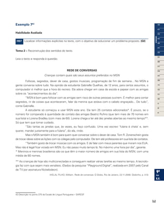 161
Exemplo 743
Habilidade Avaliada
H07 Localizar informações explícitas no texto, com o objetivo de solucionar um problema proposto. (GI)
Tema 2 – Reconstrução dos sentidos do texto.
Leia o texto e responda à questão.
REDE DE CONVERSAS
Crianças contam quais são seus assuntos preferidos no MSN
Fofocas, segredos, dever de casa, gostos musicais, programação de fim de semana... No MSN a
gente conversa sobre tudo. Na opinião da estudante Gabrielle Quelhas, de 12 anos, para certos assuntos, o
computador é melhor que a hora do recreio. Ela adora chegar em casa da escola e papear com as amigas
sobre os “acontecimentos do dia”.
“MSN é bom para fofocar com as amigas sem risco de outras pessoas ouvirem. É melhor para contar
segredos, rir de coisas que aconteceram, falar da menina que estava com o cabelo engraçado... De tudo”,
conta Gabrielle.
A estudante só começou a usar MSN este ano. Ela tem 25 contatos adicionados*. É pouco, se o
número for comparado à quantidade de contato das amigas Beatriz Rufino (que tem mais de 70 nomes em
sua lista) e Lorena Bradley (com mais de 60). Lorena chega a ter até dez janelas abertas ao mesmo tempo**.
Só que tem que tomar cuidado.
“São tantas as janelas que, às vezes, eu faço confusão. Uma vez escrevi ‘fulana é chata’ e, sem
querer, mandei justamente para a fulana”, diz ela, rindo.
Mas o MSN também é bom para quem quer conversar sobre o dever de casa. Tom R. Zonenschein gosta
de trocar ideias sobre as lições com os colegas pelo computador. Ele tem até professores em sua lista de contatos.
“Também gosto de trocar músicas com os amigos. E de falar com meus parentes que moram nos EUA.
Mas não é legal ficar viciado em MSN. Eu não passo muito tempo lá. No máximo uma hora por dia”, garante.
* Meninos e meninas brasileiros são os que têm o maior número de amigos em sua lista do MSN, com uma
média de 80 nomes.
** As crianças de hoje são multiconectadas e conseguem realizar várias tarefas ao mesmo tempo. A tecnolo-
gia faz com que sejam mais versáteis. (Dados da pesquisa “Playground Digital”, realizada em 2007 pelo Canal
de TV por assinatura Nickelodeon).
(HELAL FILHO, William. Rede de conversas. O Globo, Rio de Janeiro, 22.11.2008. Globinho, p. 4-5)
43 Descrição no ponto 375 da Escala de Língua Portuguesa – SARESP.
 